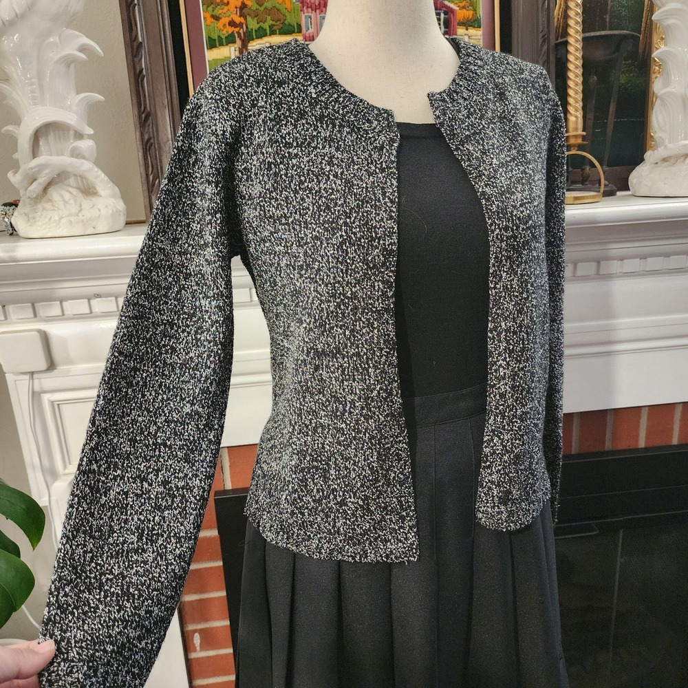 S Covington Black and White Speckled Gray Silver Metalic Open Front Cardigan